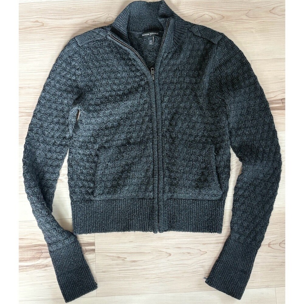 Banana Republic Sweater Jacket Womens XS Charcoal Gray Full Zip Mock Neck